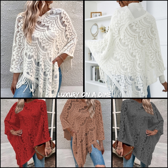 Knit Openwork Macrame Oversized Retro Fringe Pullover Poncho Sweater Jacket - Picture 9 of 9